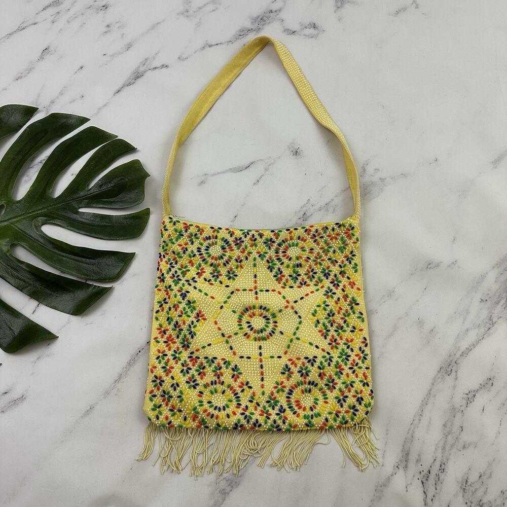 Vintage 70s Beaded Shoulder Bag Purse Yellow Colorful Floral Boho Fringe Trim